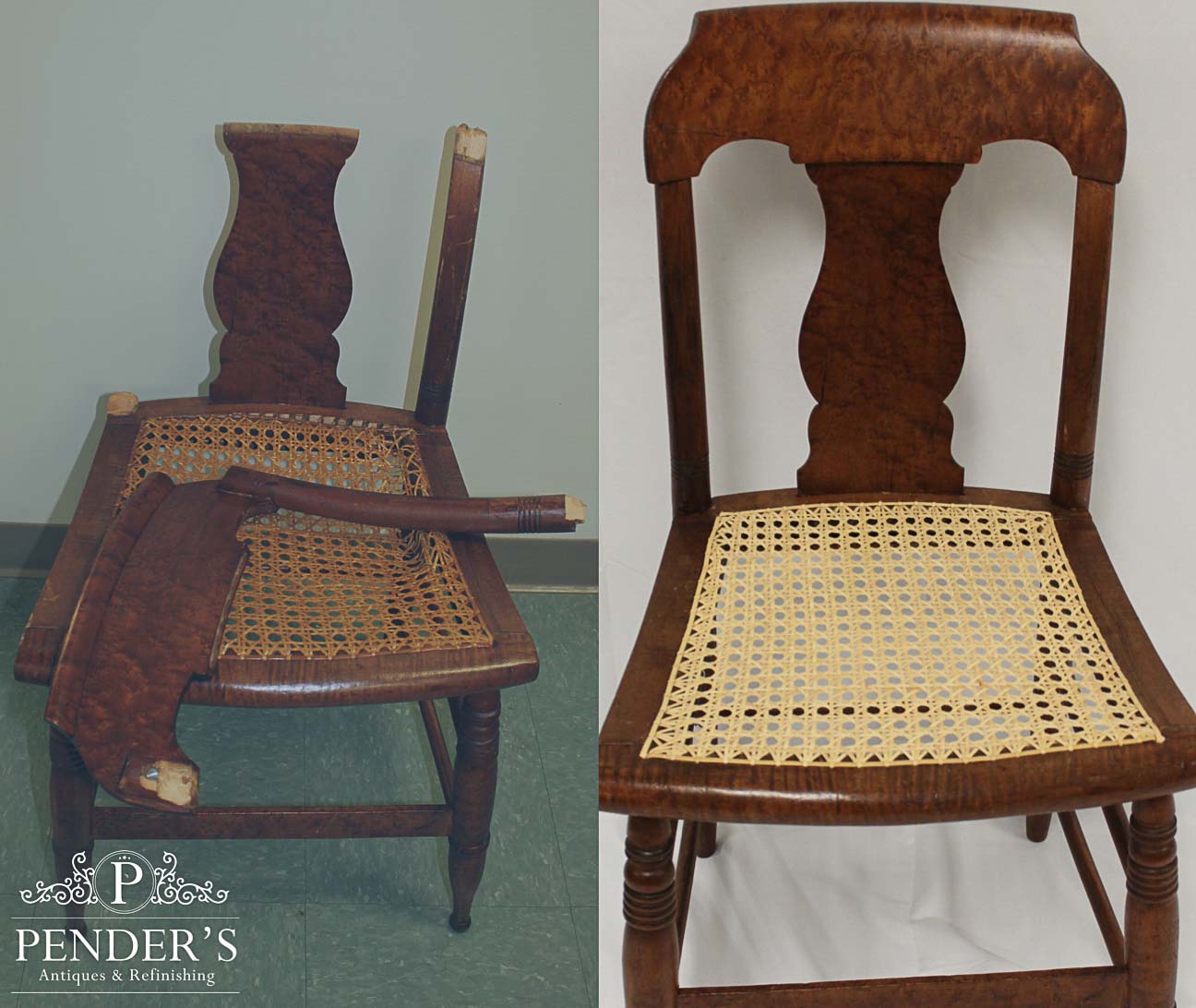 Before and after repair of a broken wooden chair back