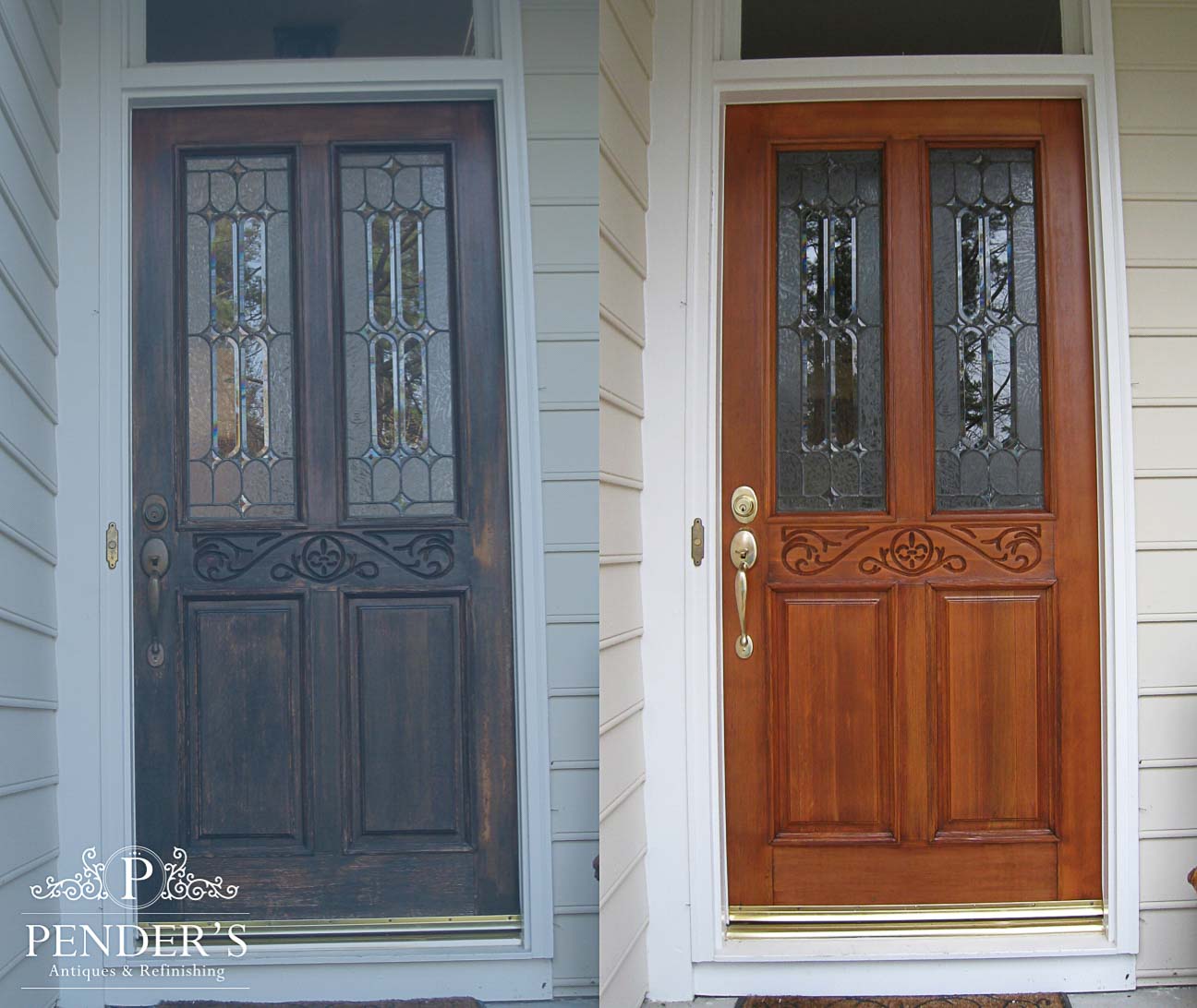 Before and after restoration of a weather worn wooden front door