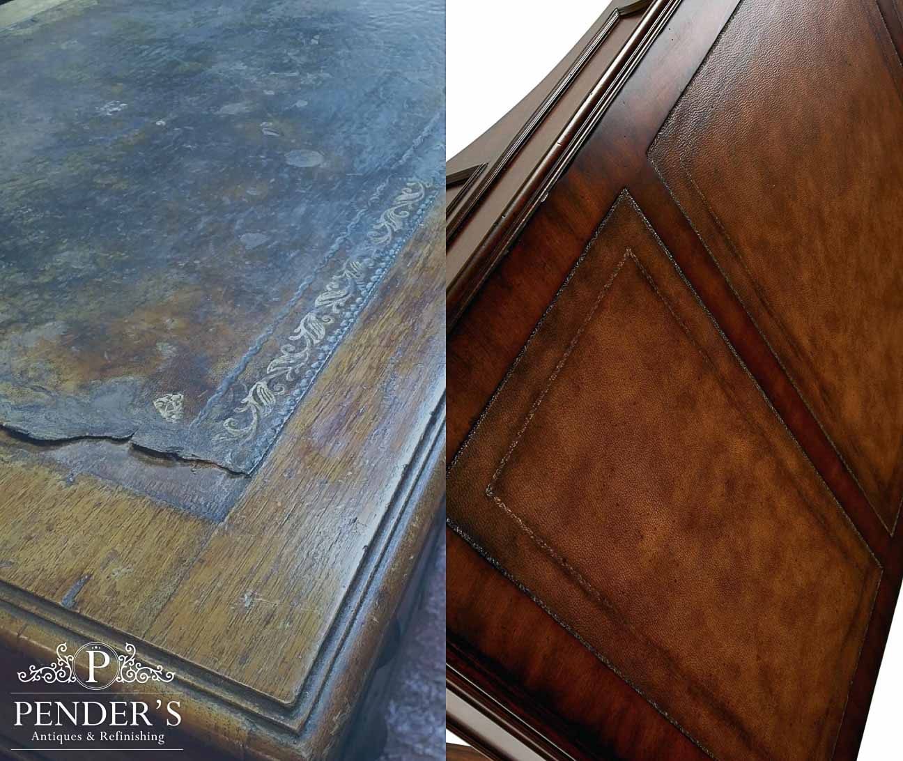 Restored leather on top of an antique dresser