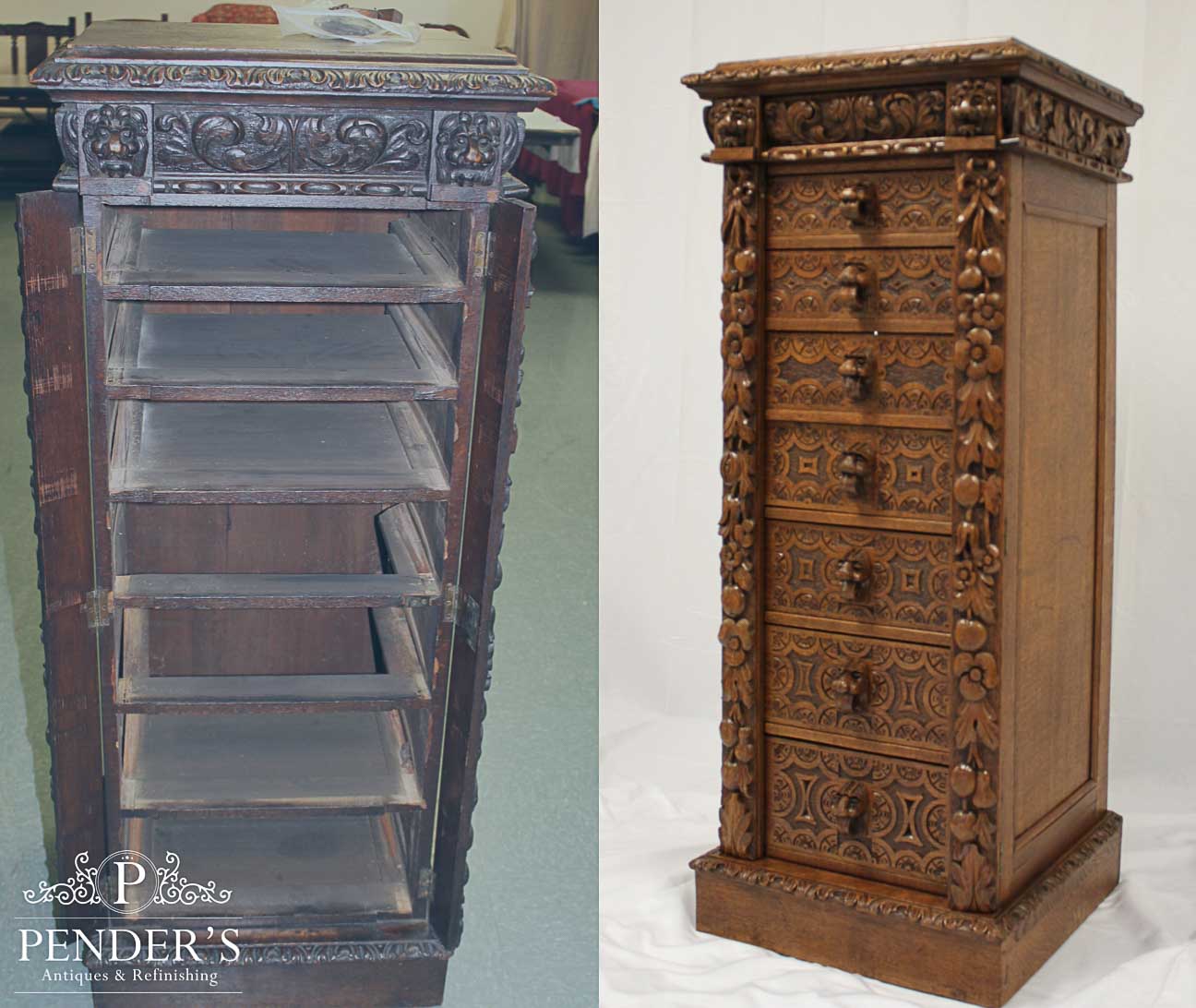 An intricately carved wooden dresser that has been restored