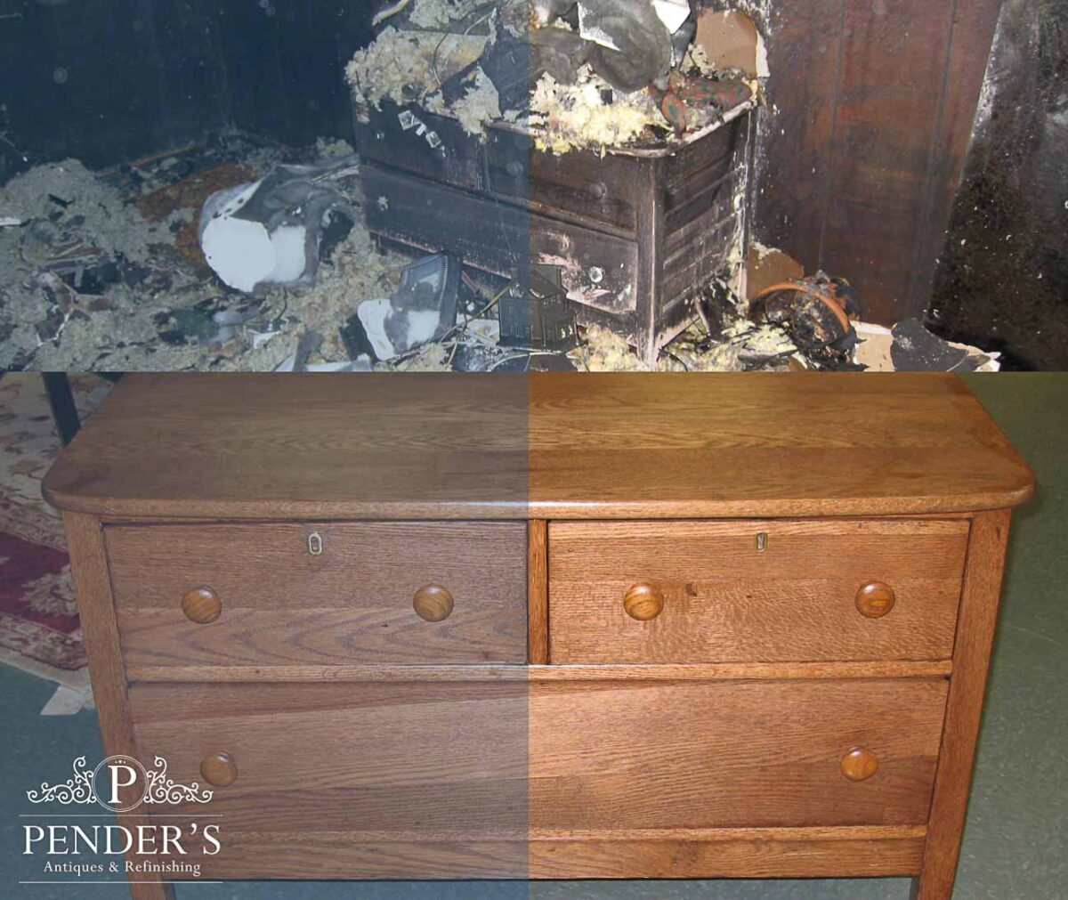 before and after of a restored wooden dresser salvaged from a fire
